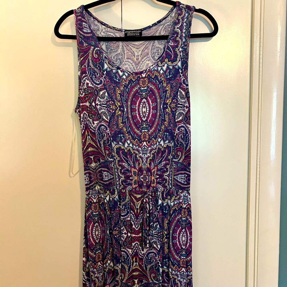 Navy Blue and Magenta paisley print dress. Size Large. Floor length Maxi style.